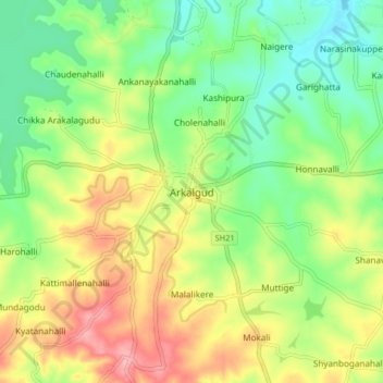 Mapa topográfico Arkalgud, altitud, relieve