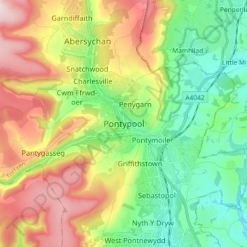 Mapa topográfico Pontypool, altitud, relieve