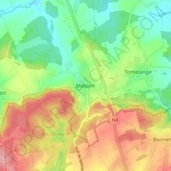 Mapa topográfico Metzert, altitud, relieve
