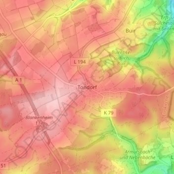 Mapa topográfico Tondorf, altitud, relieve