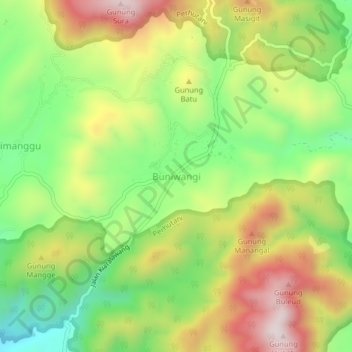 Mapa topográfico Buniwangi, altitud, relieve