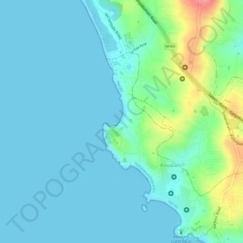 Mapa topográfico Kovalam Beach, altitud, relieve