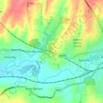 Mapa topográfico Asfordby Hill, altitud, relieve