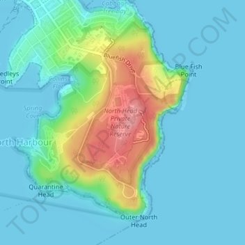 Mapa topográfico North Head, altitud, relieve