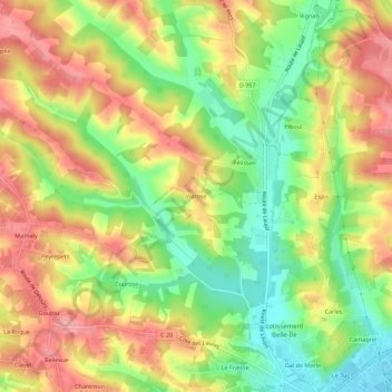 Mapa topográfico Viarose, altitud, relieve