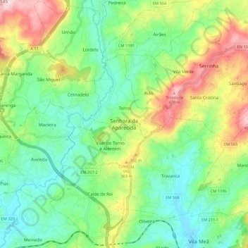 Mapa topográfico Senhora da Aparecida, altitud, relieve