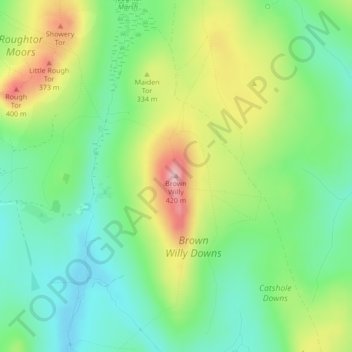 Mapa topográfico Brown Willy, altitud, relieve