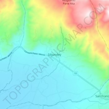 Mapa topográfico Sibundoy, altitud, relieve