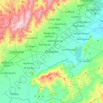 Mapa topográfico Chivacoa, altitud, relieve