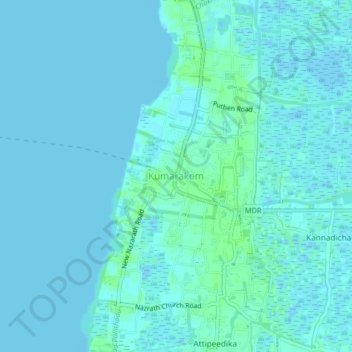 Mapa topográfico Kumarakom, altitud, relieve