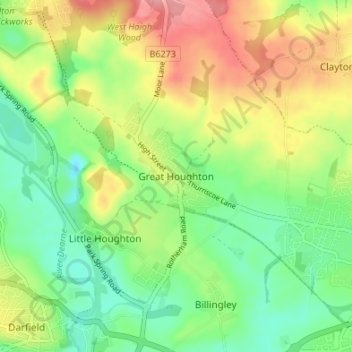Mapa topográfico Great Houghton, altitud, relieve