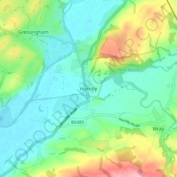 Mapa topográfico Hornby, altitud, relieve