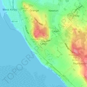 Mapa topográfico Caldy, altitud, relieve