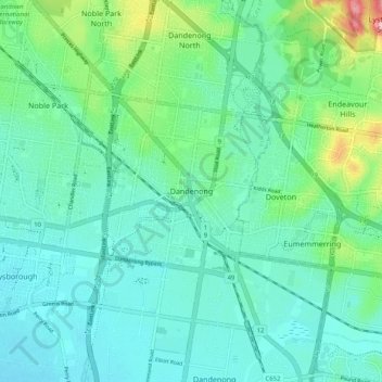 Mapa topográfico Dandenong, altitud, relieve