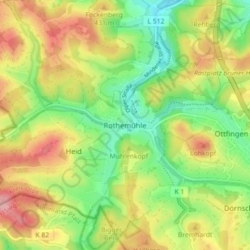 Mapa topográfico Rothemühle, altitud, relieve