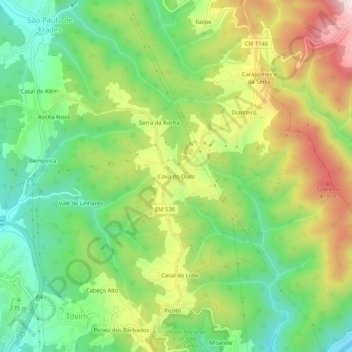 Mapa topográfico Cova do Ouro, altitud, relieve