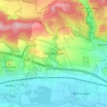 Mapa topográfico Dittichenrode, altitud, relieve