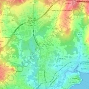 Mapa topográfico O Feal, altitud, relieve