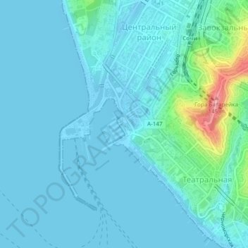 Mapa topográfico Sochi Seaport, altitud, relieve