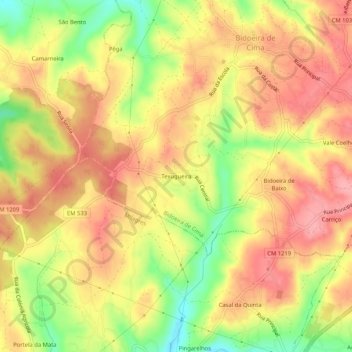 Mapa topográfico Texugueira, altitud, relieve
