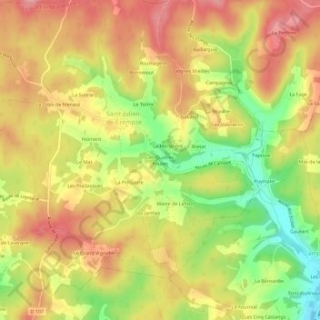 Mapa topográfico Les Quatres Routes, altitud, relieve