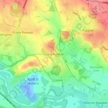 Mapa topográfico Great Preston, altitud, relieve