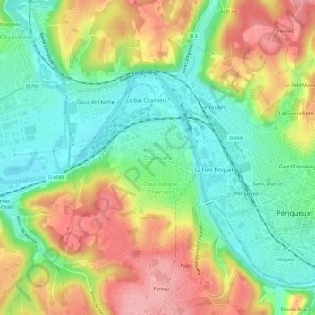 Mapa topográfico Chamiers, altitud, relieve