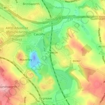 Mapa topográfico Treeton, altitud, relieve