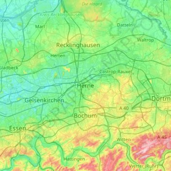 Mapa topográfico Herne, altitud, relieve