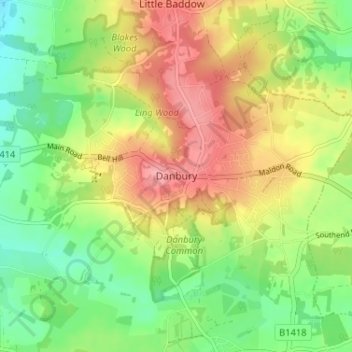 Mapa topográfico Danbury, altitud, relieve