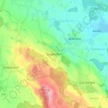 Mapa topográfico Gadendorf, altitud, relieve
