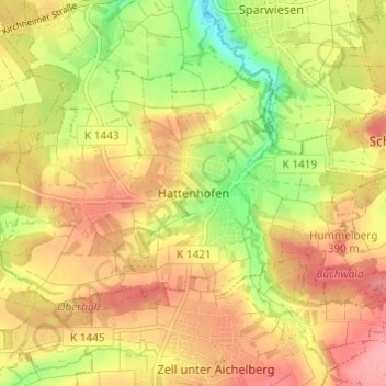 Mapa topográfico Hattenhofen, altitud, relieve