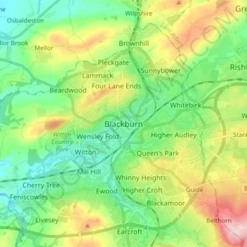 Mapa topográfico Blackburn, altitud, relieve