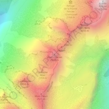 Mapa topográfico Mont Charvet, altitud, relieve