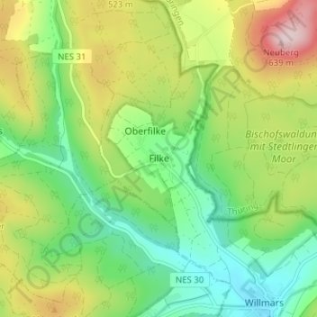 Mapa topográfico Filke, altitud, relieve