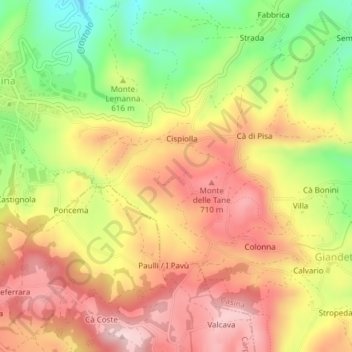 Mapa topográfico Monte delle Tane, altitud, relieve