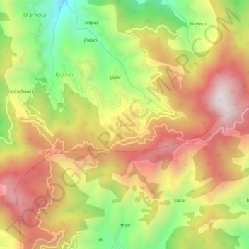 Mapa topográfico Khirsu, altitud, relieve