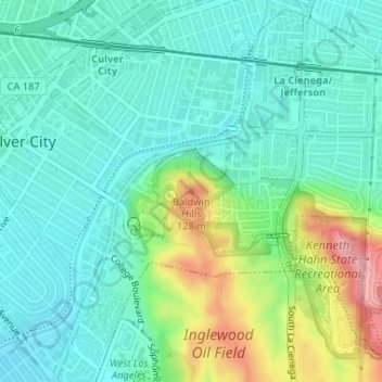 Mapa topográfico Baldwin Hills, altitud, relieve