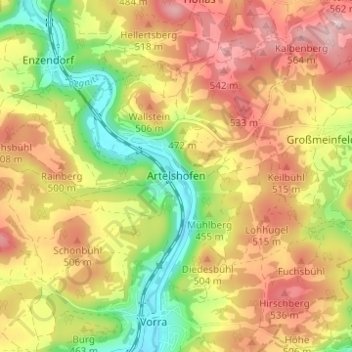 Mapa topográfico Artelshofen, altitud, relieve