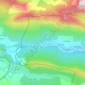 Mapa topográfico Les Étangs, altitud, relieve