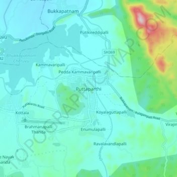 Mapa topográfico Puttaparthi, altitud, relieve