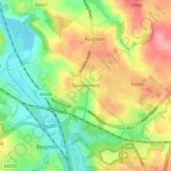 Mapa topográfico Swallownest, altitud, relieve