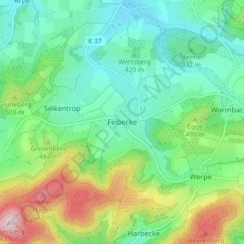Mapa topográfico Felbecke, altitud, relieve