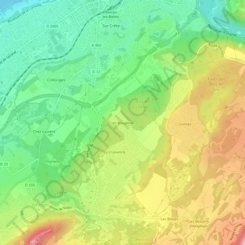Mapa topográfico Les Bougeries, altitud, relieve
