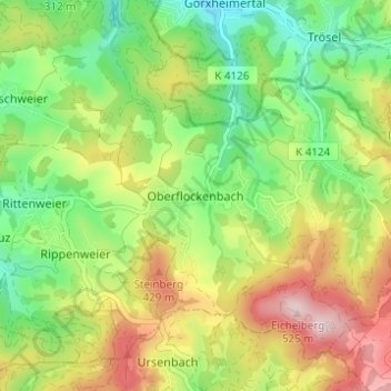 Mapa topográfico Oberflockenbach, altitud, relieve