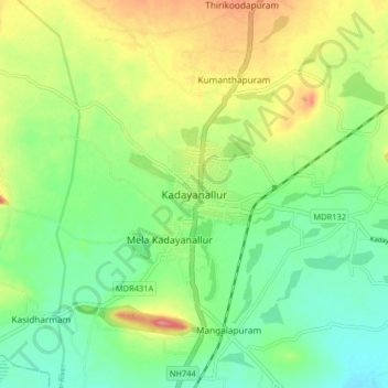 Mapa topográfico Kadayanallur, altitud, relieve