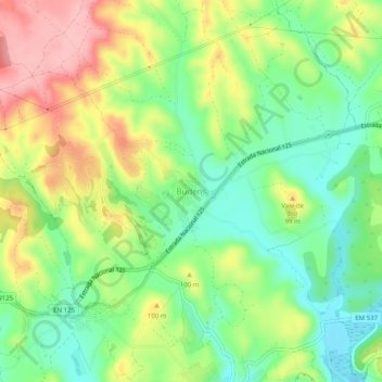 Mapa topográfico Budens, altitud, relieve