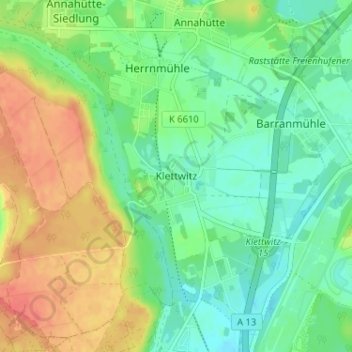 Mapa topográfico Klettwitz, altitud, relieve