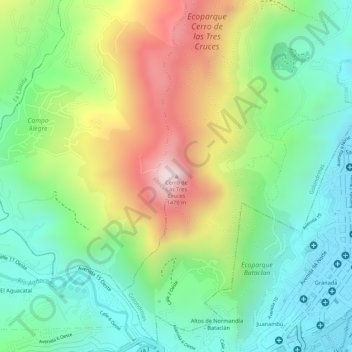 Mapa topográfico Cerro de Las Tres Cruces, altitud, relieve