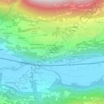 Mapa topográfico Castelvetro, altitud, relieve